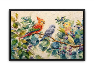 Colorful parrot botanical canvas art for tropical living room or office wall decor.