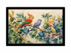 Colorful parrot botanical canvas art for tropical living room or office wall decor.