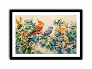 Colorful parrot botanical canvas art for tropical living room or office wall decor.