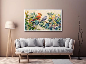 Colorful parrot botanical canvas art for tropical living room or office wall decor.