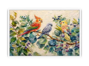 Colorful parrot botanical canvas art for tropical living room or office wall decor.