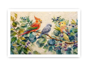 Colorful parrot botanical canvas art for tropical living room or office wall decor.