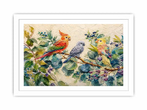 Colorful parrot botanical canvas art for tropical living room or office wall decor.