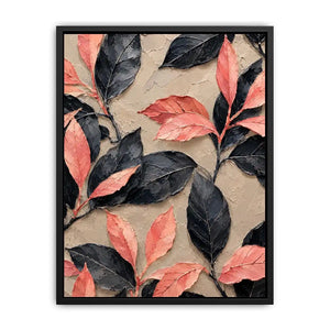 Black and coral botanical canvas art for elegant modern bedroom or living room decor.