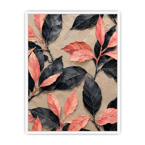 Black and coral botanical canvas art for elegant modern bedroom or living room decor.