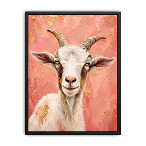 Pink goat portrait canvas art for playful farmhouse bedroom or nursery wall decor.