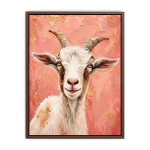 Pink goat portrait canvas art for playful farmhouse bedroom or nursery wall decor.