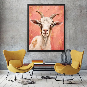 Pink goat portrait canvas art for playful farmhouse bedroom or nursery wall decor.