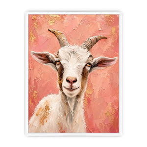 Pink goat portrait canvas art for playful farmhouse bedroom or nursery wall decor.
