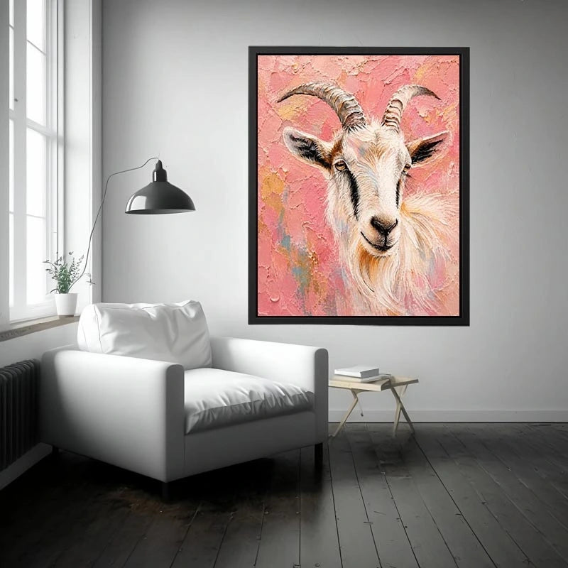 Blush goat portrait canvas art for whimsical farmhouse bedroom or nursery decor.