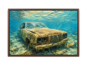 Underwater vintage car canvas art for modern office or industrial living room decor.