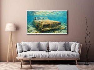 Underwater vintage car canvas art for modern office or industrial living room decor.