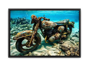 Underwater vintage motorcycle canvas art for industrial office or man cave wall decor.