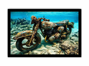 Underwater vintage motorcycle canvas art for industrial office or man cave wall decor.