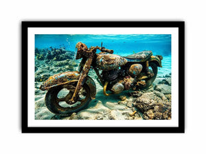 Underwater vintage motorcycle canvas art for industrial office or man cave wall decor.