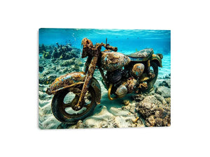 Underwater vintage motorcycle canvas art for industrial office or man cave wall decor.