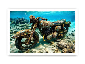 Underwater vintage motorcycle canvas art for industrial office or man cave wall decor.
