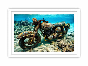 Underwater vintage motorcycle canvas art for industrial office or man cave wall decor.