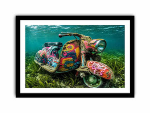 Underwater graffiti scooter canvas art for gaming room or modern office wall decor.
