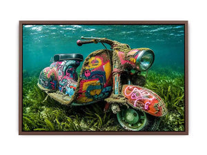 Underwater graffiti scooter canvas art for gaming room or modern office wall decor.