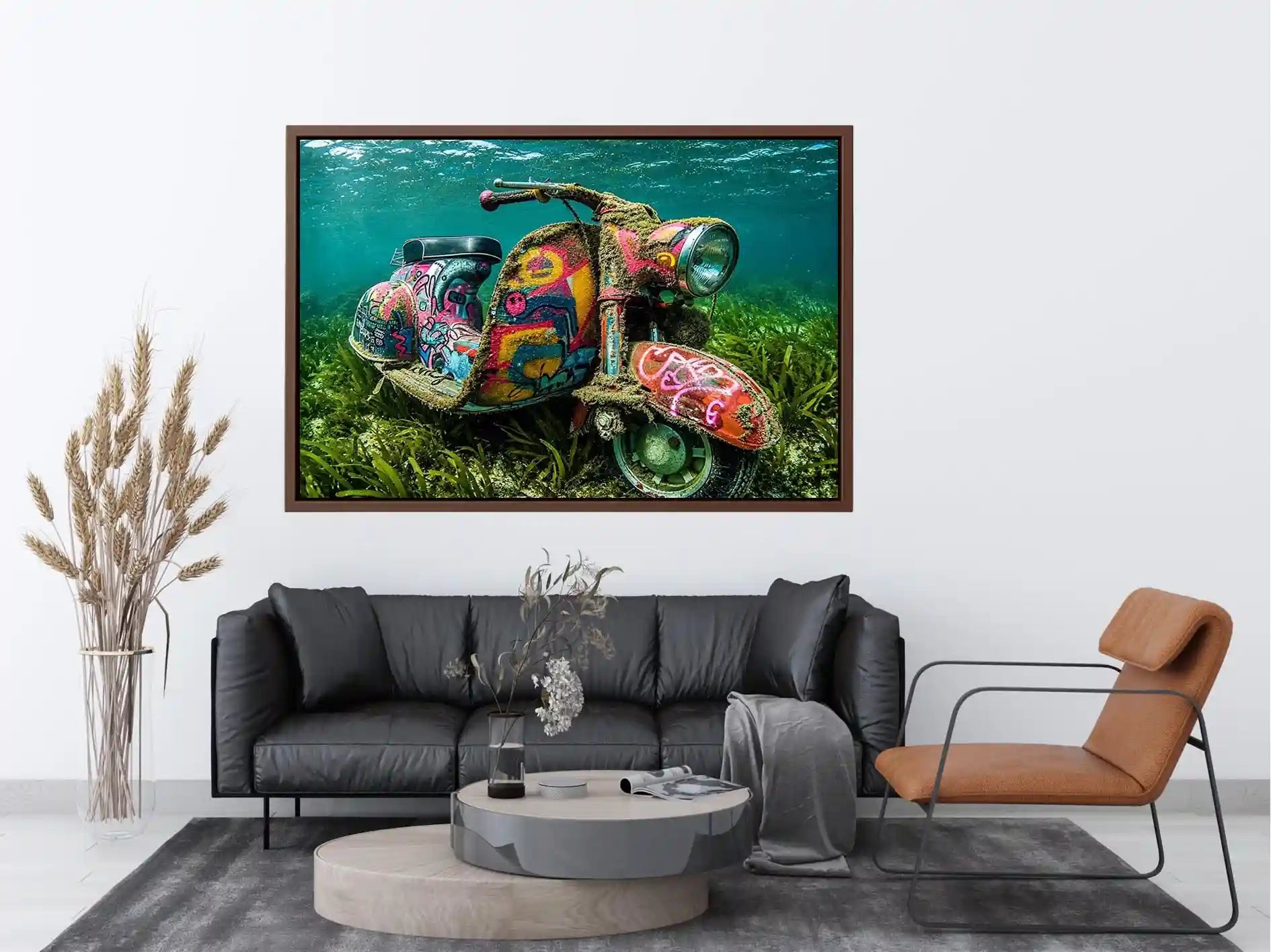 Underwater graffiti scooter canvas art for gaming room or modern office wall decor.