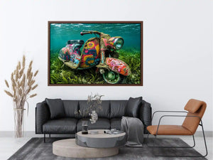 Underwater graffiti scooter canvas art for gaming room or modern office wall decor.