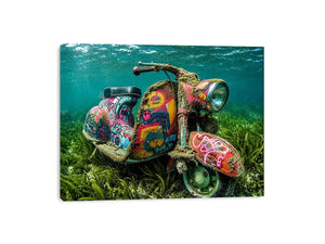 Underwater graffiti scooter canvas art for gaming room or modern office wall decor.