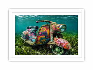 Underwater graffiti scooter canvas art for gaming room or modern office wall decor.