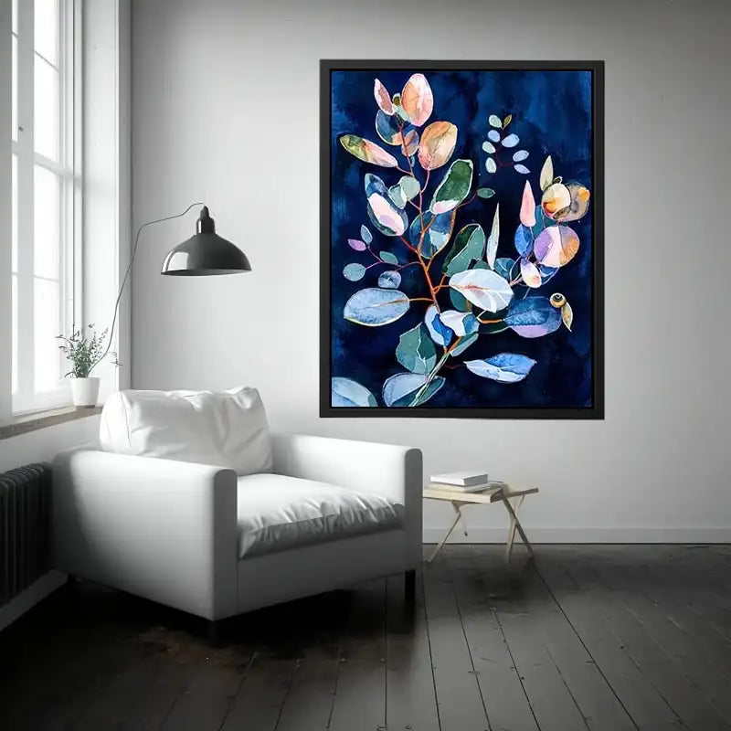 Midnight botanical watercolor canvas art for elegant bedroom or living room decor.
