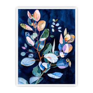 Midnight botanical watercolor canvas art for elegant bedroom or living room decor.