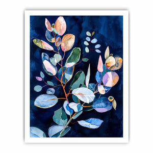 Midnight botanical watercolor canvas art for elegant bedroom or living room decor.