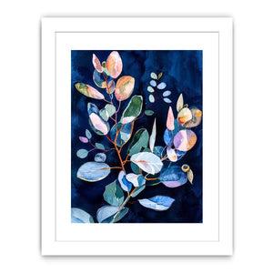 Midnight botanical watercolor canvas art for elegant bedroom or living room decor.
