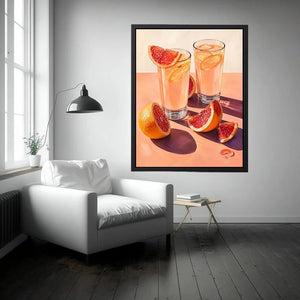 Pink citrus cocktail canvas art for modern kitchen or dining room wall decor.