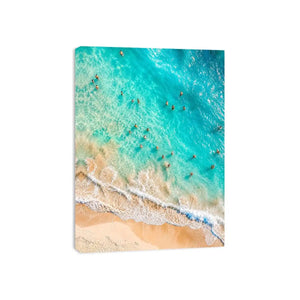 Aerial turquoise beach canvas art for coastal living room or bedroom wall decor.