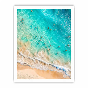 Aerial turquoise beach canvas art for coastal living room or bedroom wall decor.