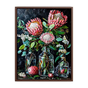 Luxury protea floral canvas art with dark botanical styling for elegant living room decor.