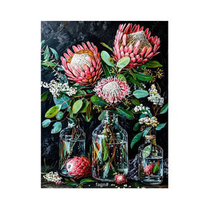 Luxury protea floral canvas art with dark botanical styling for elegant living room decor.
