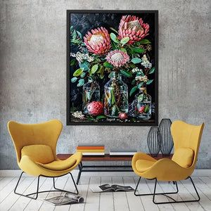Luxury protea floral canvas art with dark botanical styling for elegant living room decor.