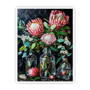 Luxury protea floral canvas art with dark botanical styling for elegant living room decor.
