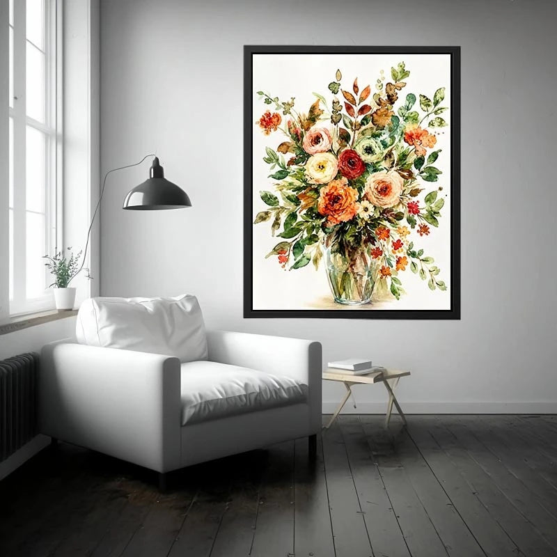 Elegant watercolor floral bouquet canvas art for warm modern living room decor.