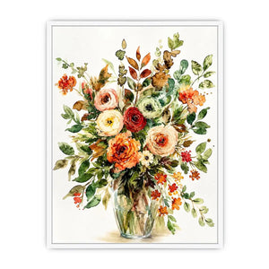 Elegant watercolor floral bouquet canvas art for warm modern living room decor.