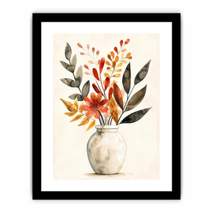 Minimal botanical vase canvas art with warm earthy leaves for modern living room decor.