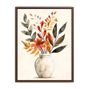 Minimal botanical vase canvas art with warm earthy leaves for modern living room decor.