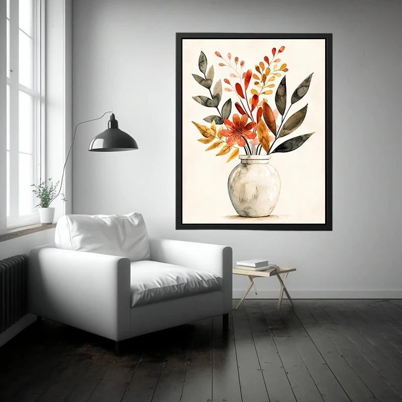 Minimal botanical vase canvas art with warm earthy leaves for modern living room decor.