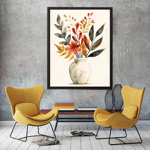 Minimal botanical vase canvas art with warm earthy leaves for modern living room decor.