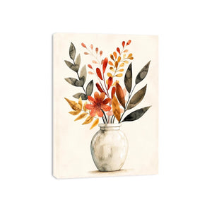 Minimal botanical vase canvas art with warm earthy leaves for modern living room decor.