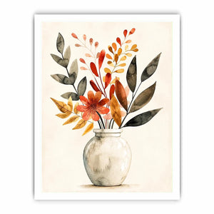 Minimal botanical vase canvas art with warm earthy leaves for modern living room decor.