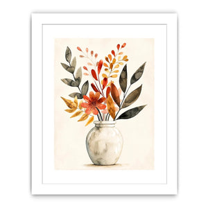 Minimal botanical vase canvas art with warm earthy leaves for modern living room decor.