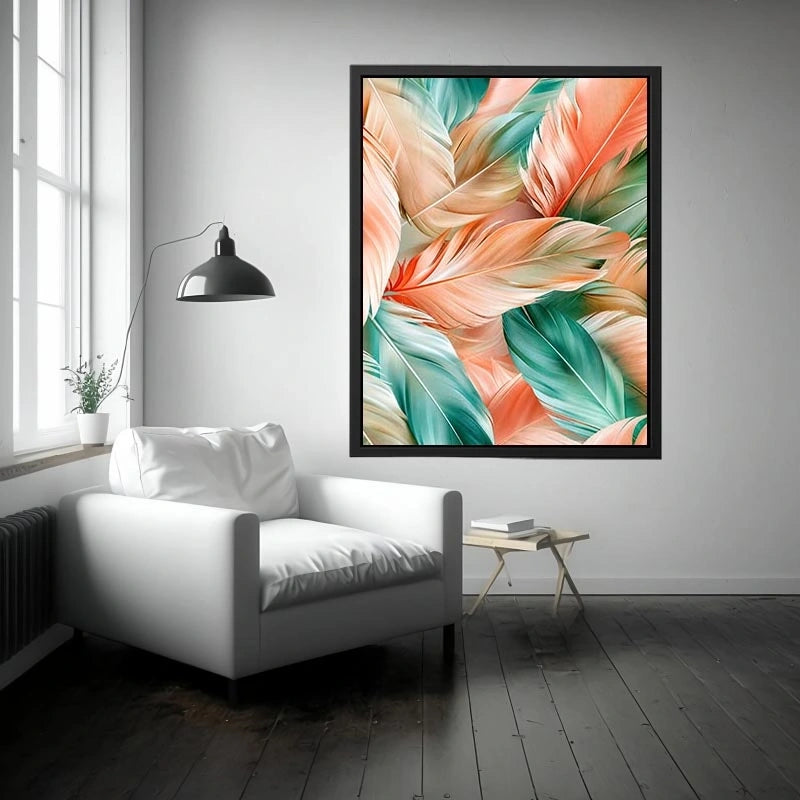 Soft tropical feather abstract canvas art for modern coastal living room decor.