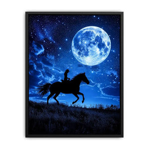 Moonlit horse rider canvas art with starry night sky for dramatic bedroom decor.